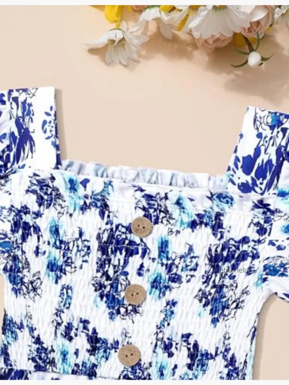 Girls Smocked Floral Romper One Piece Jumpsuit Square Neck Short Sleeve 5-14